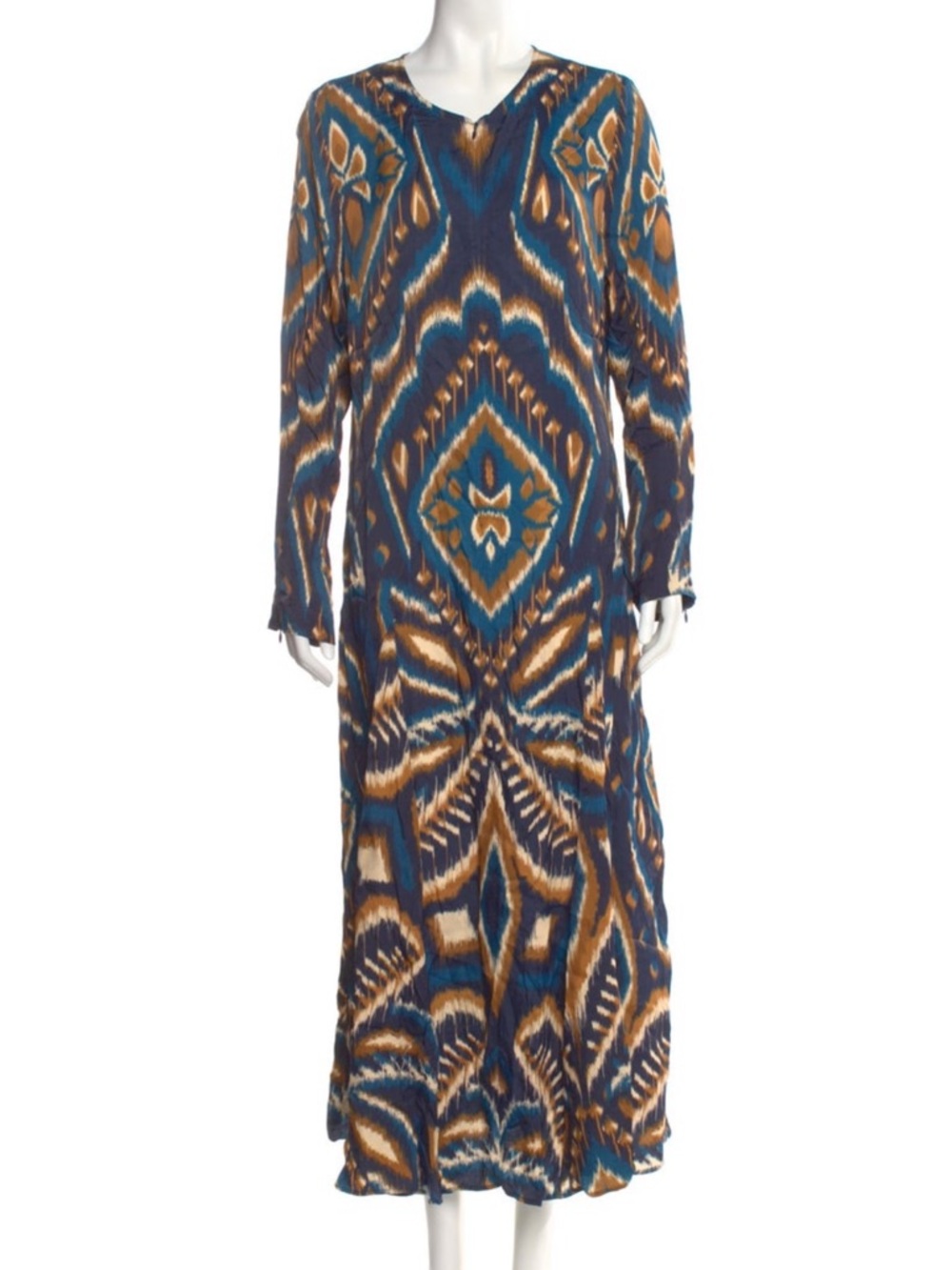 FARM Rio Pineapple Ikat Blue & Brown Geometric Maxi Dress Size XL 10/12